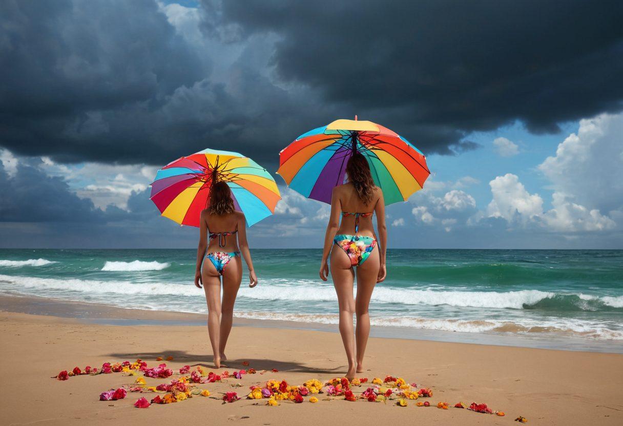 A transformation scene depicting a gloomy beach with drizzly weather shifting to a vibrant summer day. Show a model in a stylish swimsuit, showcasing patterns inspired by melancholic themes evolving into bright, glamorous swimwear. Include elements like stormy waves morphing into shimmering surf, flowers blooming, and colorful beach umbrellas popping against a dramatic sky. super-realistic. vibrant colors. 3D.